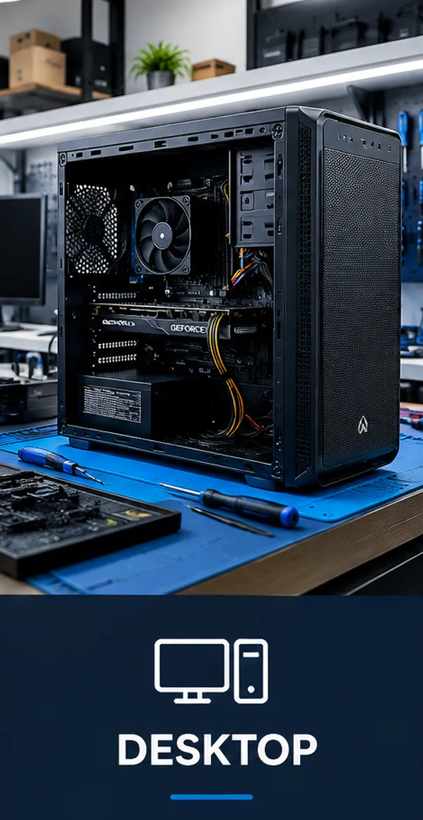 Gabinete de computador aberto sobre bancada de manutenção